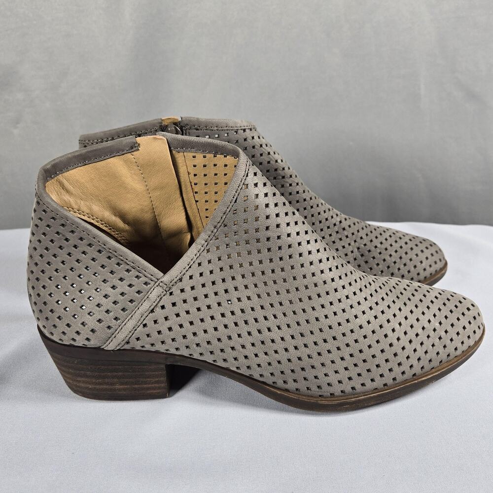 Lucky Brand Petre Ankle Booties Womens 10 M Gray Perforated Suede Zip Block Heel